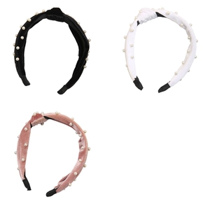 Three-piece velvet headband set with elegant faux pearl embellishments in black white and pink