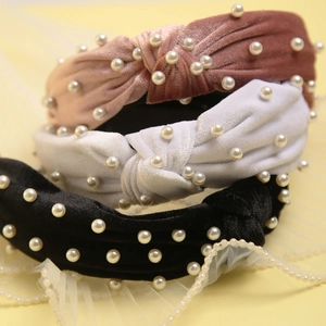 Three-piece set of velvet beaded headbands with twisted knot design in pink, grey and black