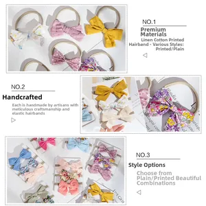 Detail view of handmade bow headbands showing floral patterns and elastic nylon bands