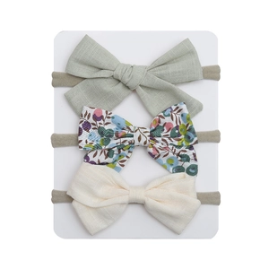 Three-piece floral and linen bow headband set with high-elastic nylon bands for toddlers