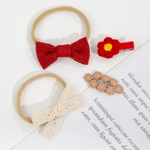 Lot de 4 accessoires cheveux en coton avec fleurs et bandeaux à nœuds tricotés pour filles