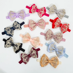 Baby Girls Lace Bow Headband Soft Elastic Nylon Hair Band Gold Thread Embroidery Floral Accessories For Newborn Toddler