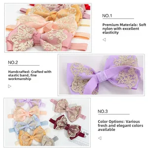 Detail of baby lace bow headbands featuring soft nylon elastic and multi-color embroidery
