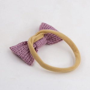 Soft cotton knit lavender bow headband with seamless nylon elastic band for baby girls