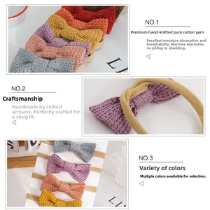 Detail of handmade cotton knit bow headbands with soft nylon elastic bands for infants