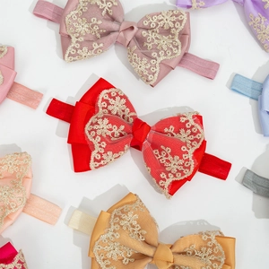 Elastic baby headbands with double-layer lace gold embroidery bows in assorted colors