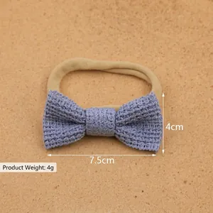 Blue knitted cotton bow headband with soft nylon elastic band for baby girls