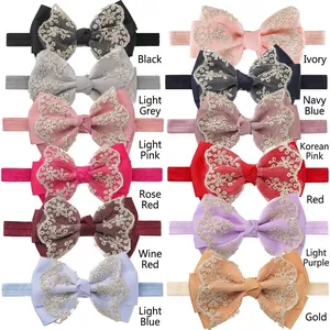 Set of 12 infant elastic headbands with double-layer lace and gold thread bows