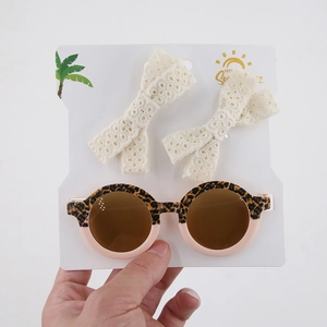 Ensemble lunettes de soleil léopard pour enfants et barrettes nœuds en dentelle