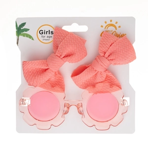 Coffret de lunettes de soleil fleur rose et barrettes nœuds tricotés pour filles de 2 ans