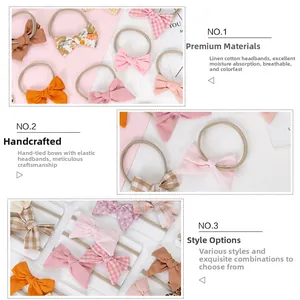 Detailed view of handmade linen bow headbands with high elasticity nylon for baby girls