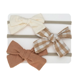 Three-piece baby headband set with bow designs in beige, brown plaid and caramel cotton