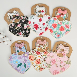 Boho Floral Baby Bib Headband Combo Cotton Heart Shaped Drool Bib With Pom Pom Trim Baby Girls Hair Accessories Gift