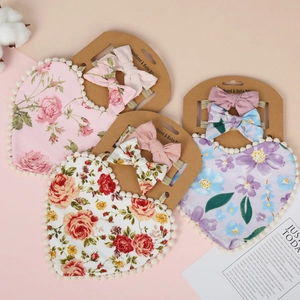 Infant cotton floral bib and bow headband set with pom pom trim for Valentines gift