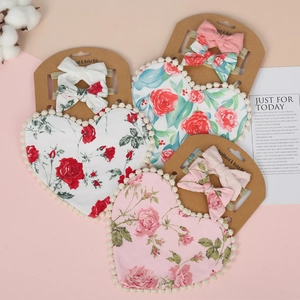 Baby cotton bib and headband set featuring heart shapes and floral rose prints