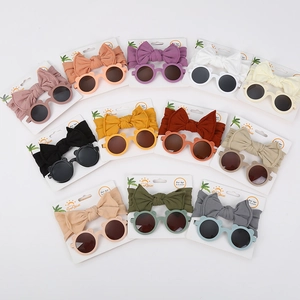 Kids Bear Ear Sunglasses Bow Headband UV400 Round Frame Sun Glasses Elastic Nylon Hair Band Infant Toddler Accessories