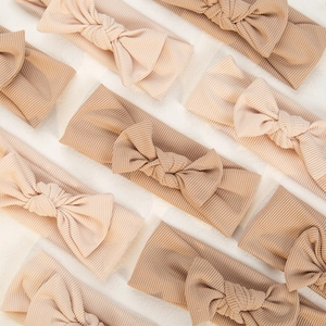 Neutral earth tone ribbed knit baby bow headband set for newborns and infants