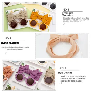 Detailed view of baby bow headband and bear ear sunglasses set with resin lenses