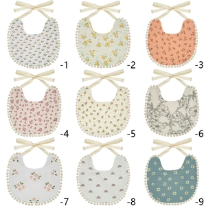 Floral print cotton baby bibs set with pom-pom trim and tie strings for infants