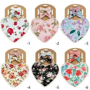 6-pack floral baby bib and headband sets with red heart patterns and white pom pom trim