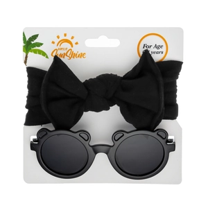 Detail of 0-4 years baby accessory set with black bear ears sunglasses and bow headband
