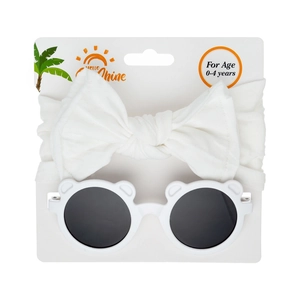 White baby bow headband and bear-eared sunglasses set shown on display card for ages 0-4