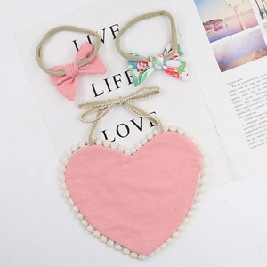 Infant cotton bib and bow headband set with heart print and floral patterns for girls