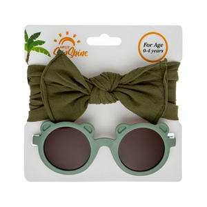 Olive green bow headband and bear ear sunglasses set on white display card