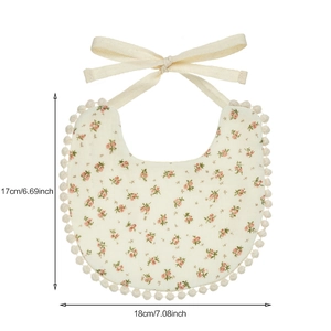 Pastel floral baby bib with pom-pom trim and tie strings, size 17x18cm cotton feeding scarf