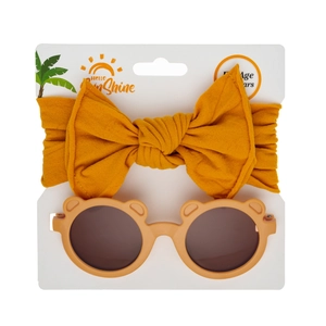 Infant headwrap and bear ear sunglasses set in ginger yellow and light brown on display card