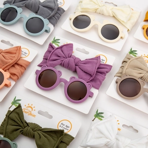 Children's round bear ear sunglasses and bow headband set for toddlers aged 0-4 years