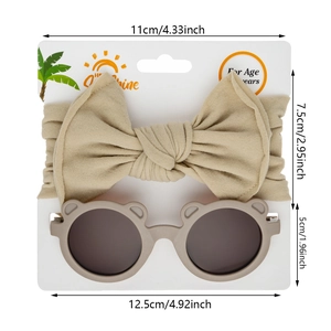 Kids bear ear sunglasses and bow headband set in khaki for toddlers and infants