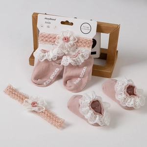 Pink cotton baby floral headband and anti-slip lace socks set for 0-12 months
