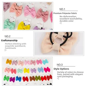 Detail of colorful bubble fabric bow hair ties showing textured material and elastic bands