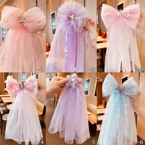 Girls Princess Hair Veil Clip Mesh Bow Long Streamer Glitter Star Snowflake Hairpin Wedding Party Accessories Faux Artificial Pearl Headpiece