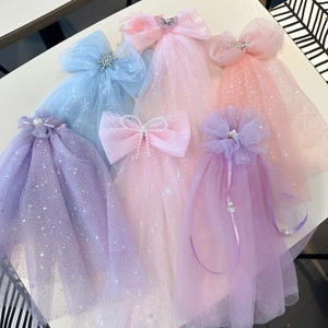 Long chiffon tulle hair bows with silver snowflakes and pearls for girls and flower girls
