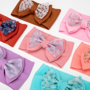 Soft floral chiffon bow baby headbands set in diverse colors and waffle knit texture