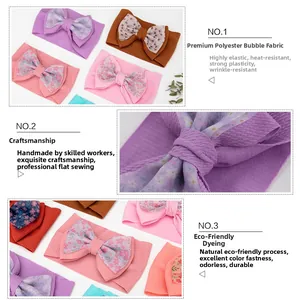 Detail of baby headband fabric showing bubble polyester texture and handmade bow quality