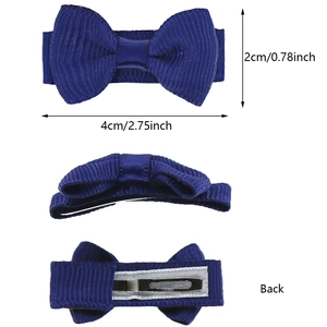 Navy blue grosgrain ribbon bow hair clip for girls with back view and size details