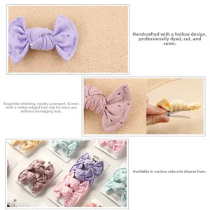 Detail of lace hollow bow hair clips in pastel colors with non-slip metal grip