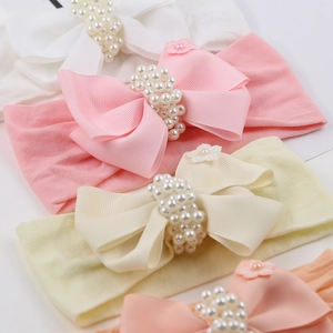Bandeaux bébé en nylon souple avec grands nœuds côtelés et perles en quatre coloris