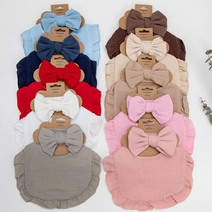 Baby Cotton Ruffle Bib And Bow Headband Newborn Toddler Infant Solid Color Breathable Muslin Pastoral Style Daily Accessories