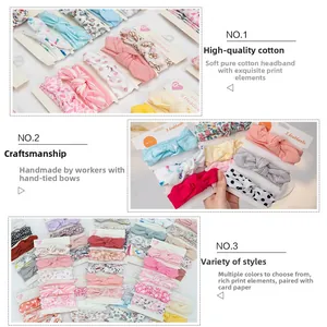 Detailed view of handmade cotton bow headbands for babies with soft floral and polka dot patterns
