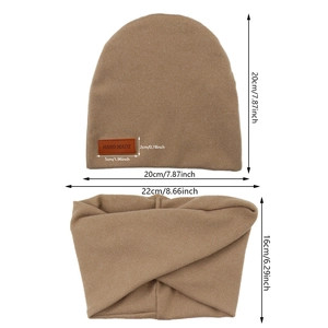 Khaki baby knitted hat and neck warmer set with size dimensions and handmade label