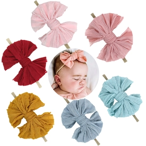 Bandeau Bébé Fait Main avec Nœud en Nylon Élastique pour Nouveau-Né et Enfant Bord en Dentelle Accessoires de Cheveux Plissés à Côtes