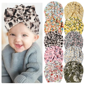 Bonnet Turban pour Bébé en Coton Doux Bandeau avec Grand Nœud Imprimé Floral Bonnet pour Nouveau-né Accessoires Cheveux Fille