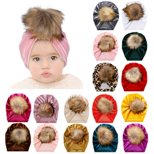 Baby Samt Turban Mütze Mit Kunstpelz Puschel Weich Warm Winter Beanie Für Säuglinge Kleinkinder Elastische Kopfbedeckung