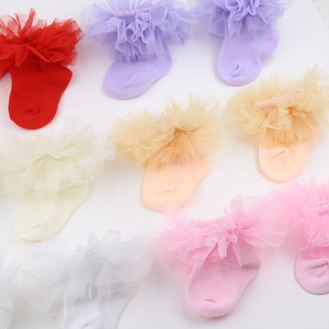 Détail de chaussettes en dentelle pour filles avec bordure volantée et couleurs macaron
