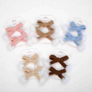 Barrettes à Cheveux Nœud en Coton Tricoté à la Main Avec Pompons Barrettes au Crochet Mignonnes pour Enfants Bébés Accessoires
