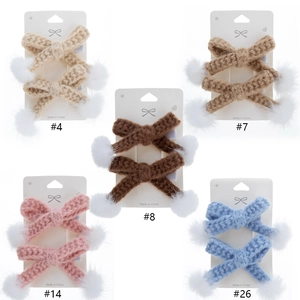 Lot de 5 barrettes nœuds en coton tricoté à la main avec pompons blancs pour bébés filles